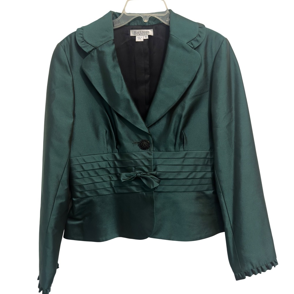 Kay Unger Blazer Green Silk Blend Ruffle Collar Bow Evening Jacket Size 14